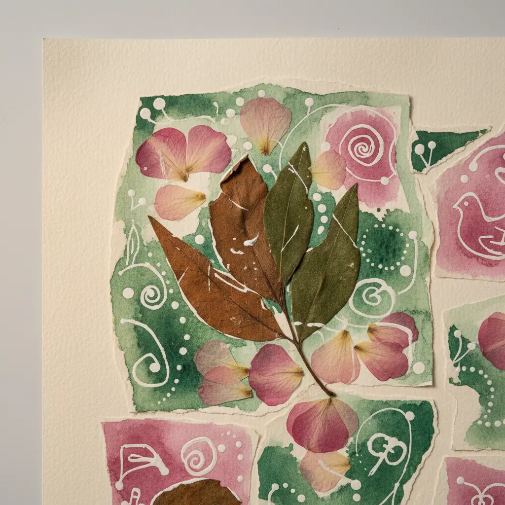A mixed media collage using watercolor resist on paper with real dried leaves and flower petals.