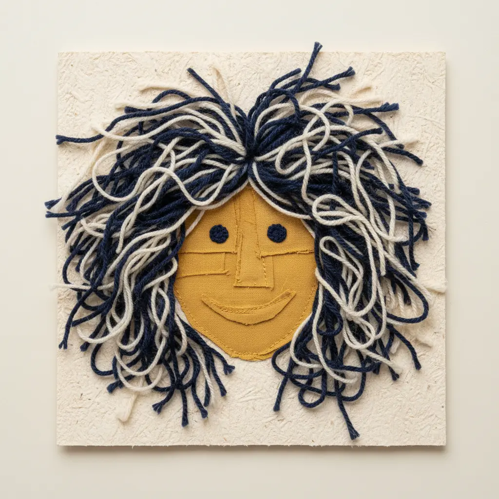 A child's portrait art made from glued fabric scraps and colorful yarn hair on a cardboard base.