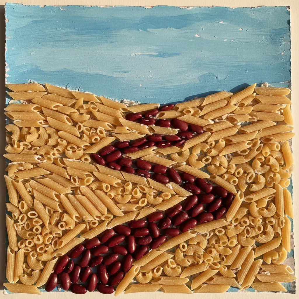 A landscape scene created with glued dried pasta shapes and colored beans on painted cardstock.