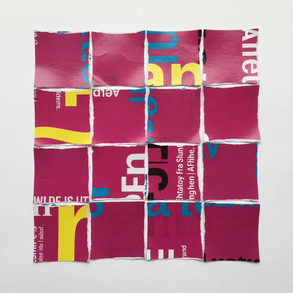 A geometric quilt block made from cut and arranged magazine paper squares on a white backing.