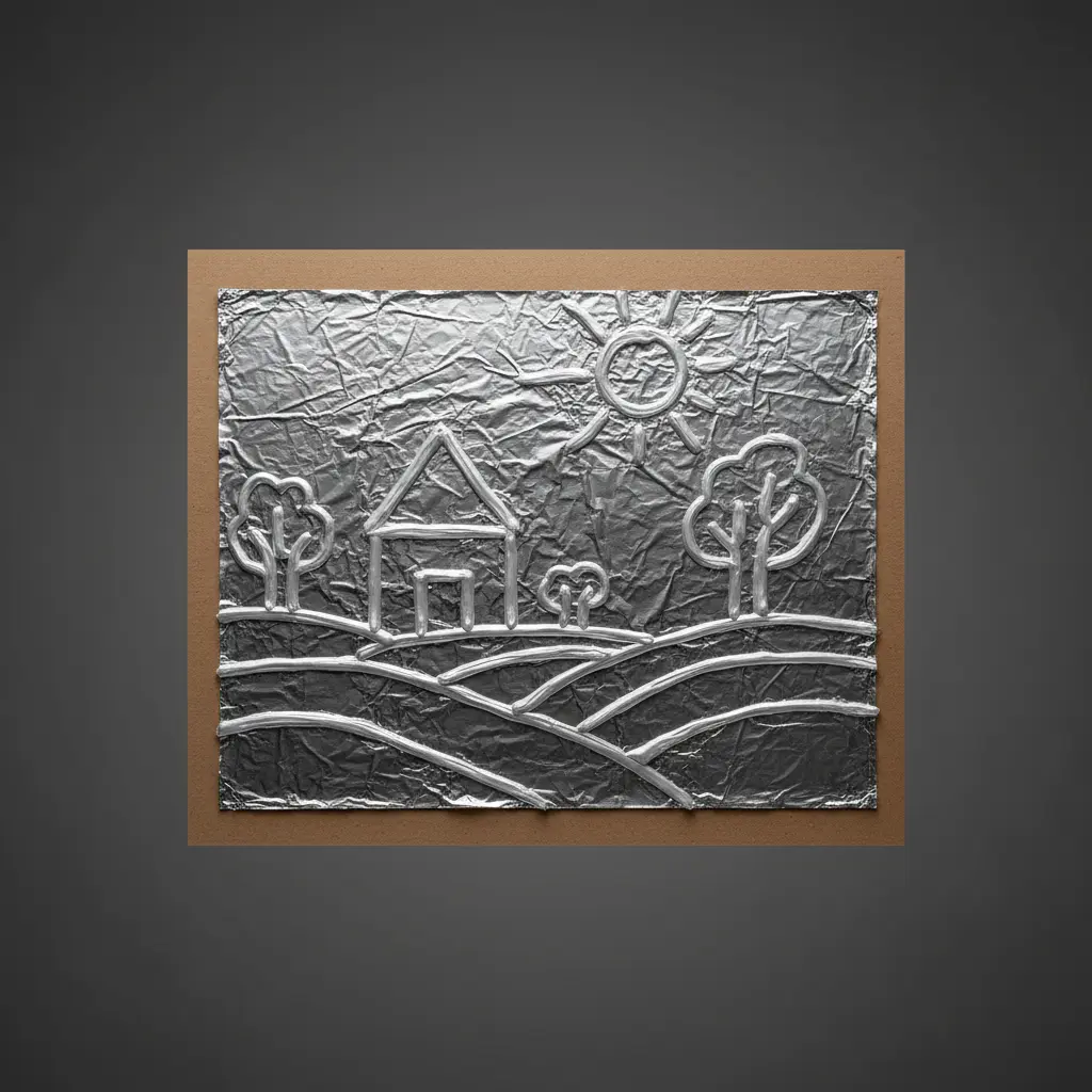 A raised relief artwork on cardboard with glue lines covered by shiny aluminum foil.