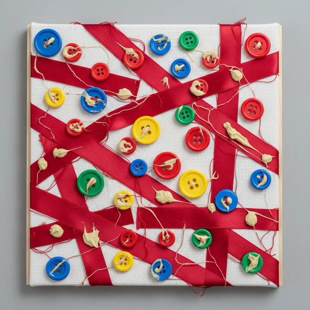 A small canvas covered in glued buttons and crisscrossing ribbons in assorted colors.