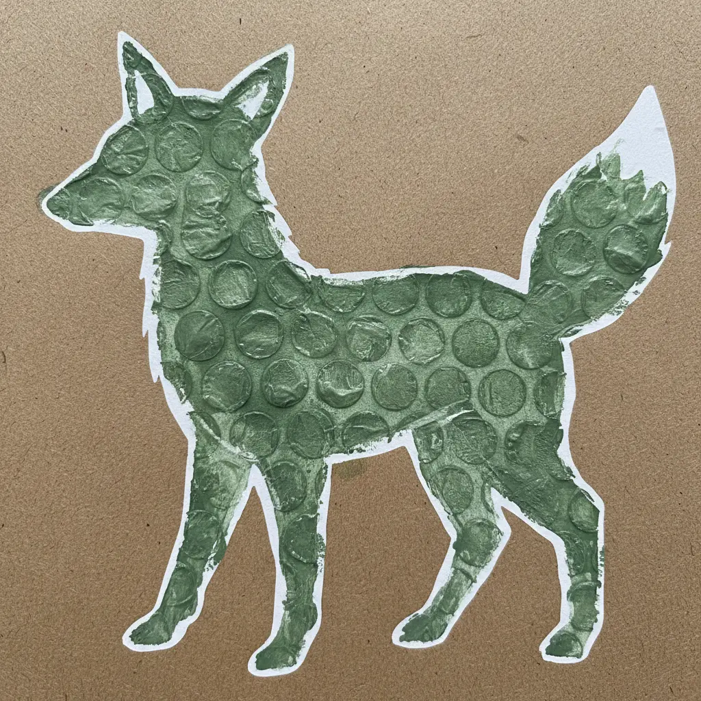A cute woodland animal stamp printed using bubble wrap paint on textured paper.