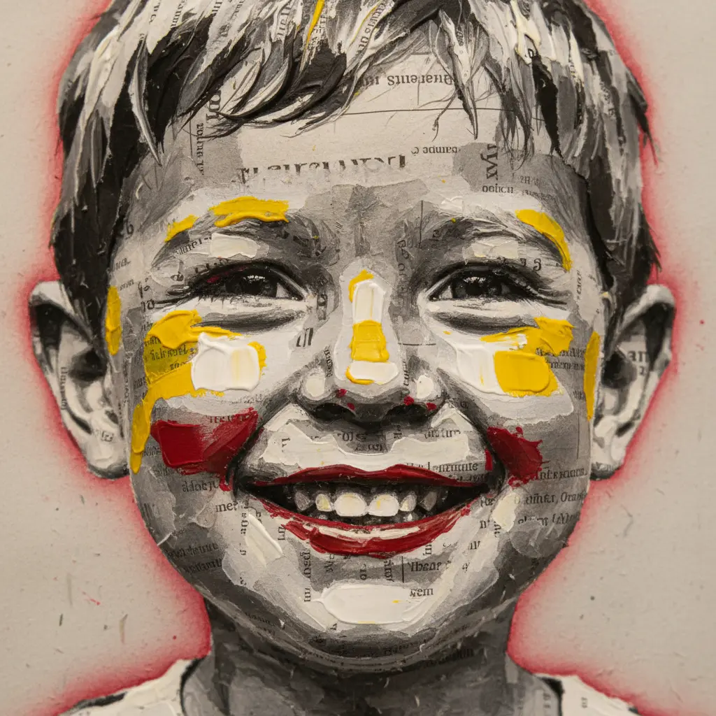 A portrait made from torn newspaper pieces overpainted with bright acrylic colors.