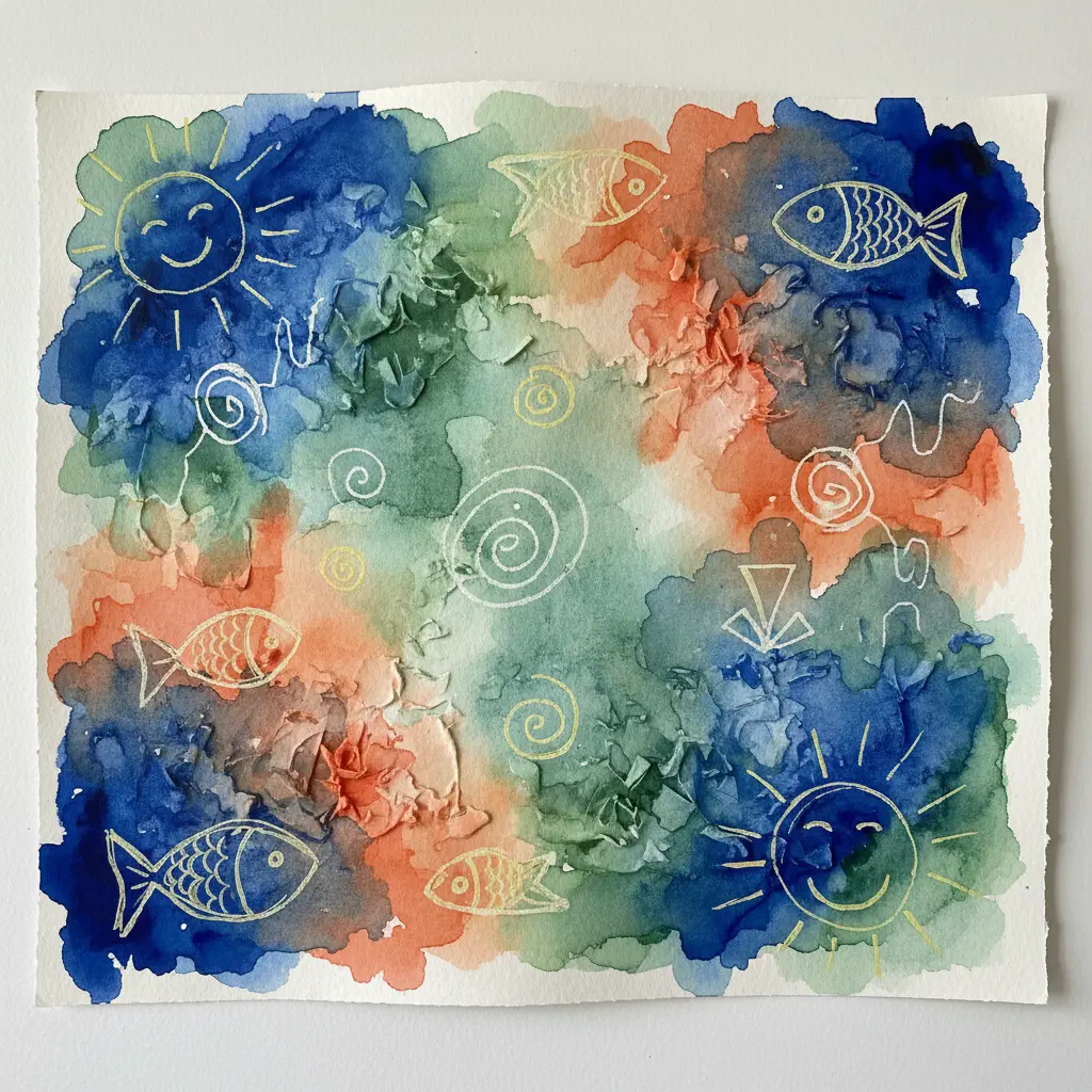 A child's hand painting blue watercolor over white crayon drawing, revealing fish and seaweed shapes on textured paper.