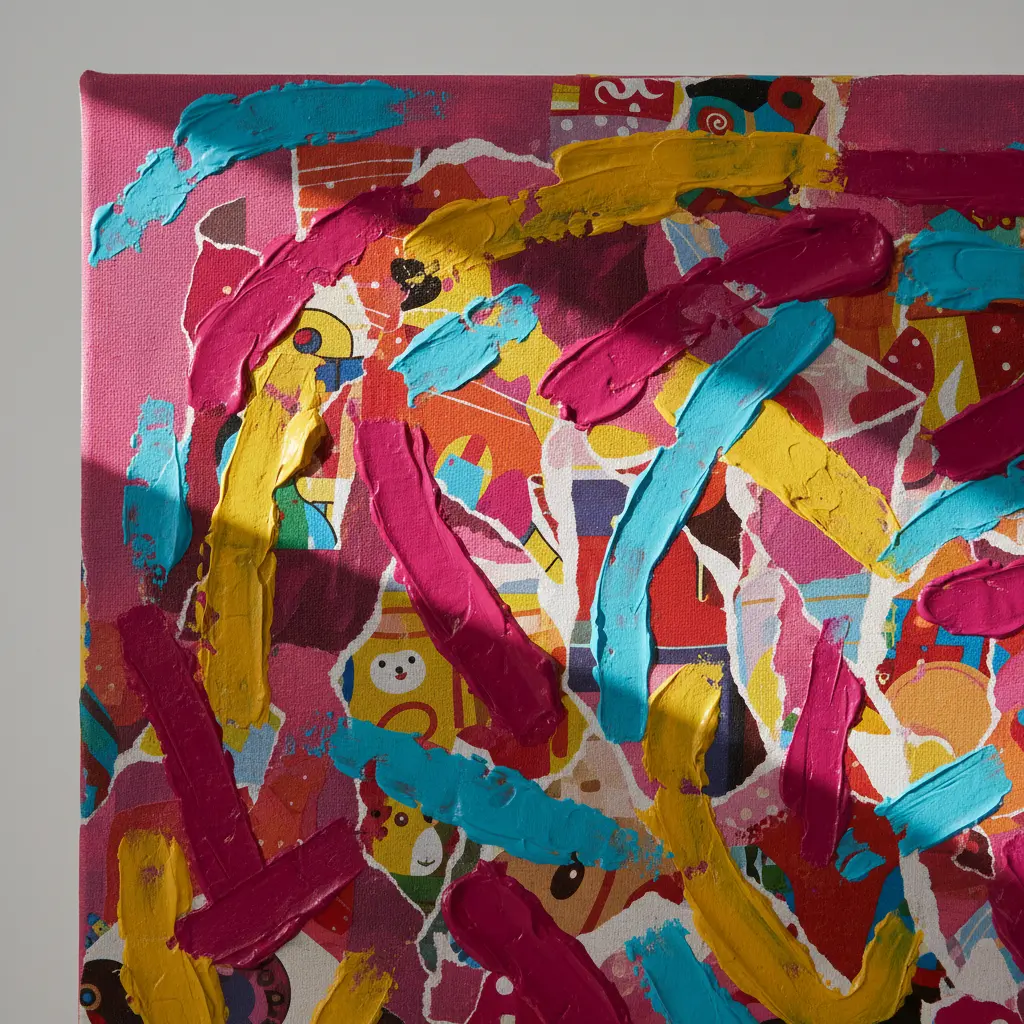 Bright acrylic paint strokes over a collage of colorful magazine cutouts, showing abstract flowers and swirls.