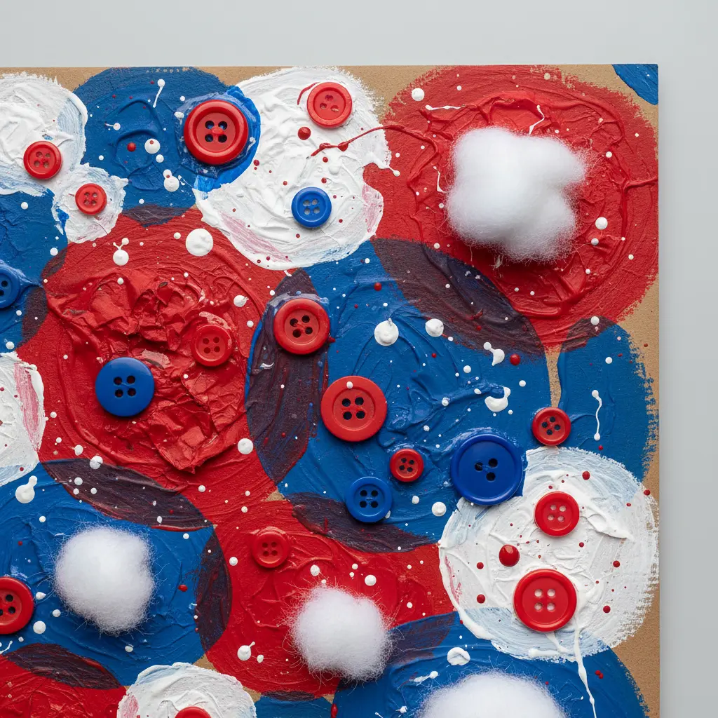 Close-up of a child's fingers pressing a blue button onto a painted cardboard piece, surrounded by multi-colored buttons and white glue.