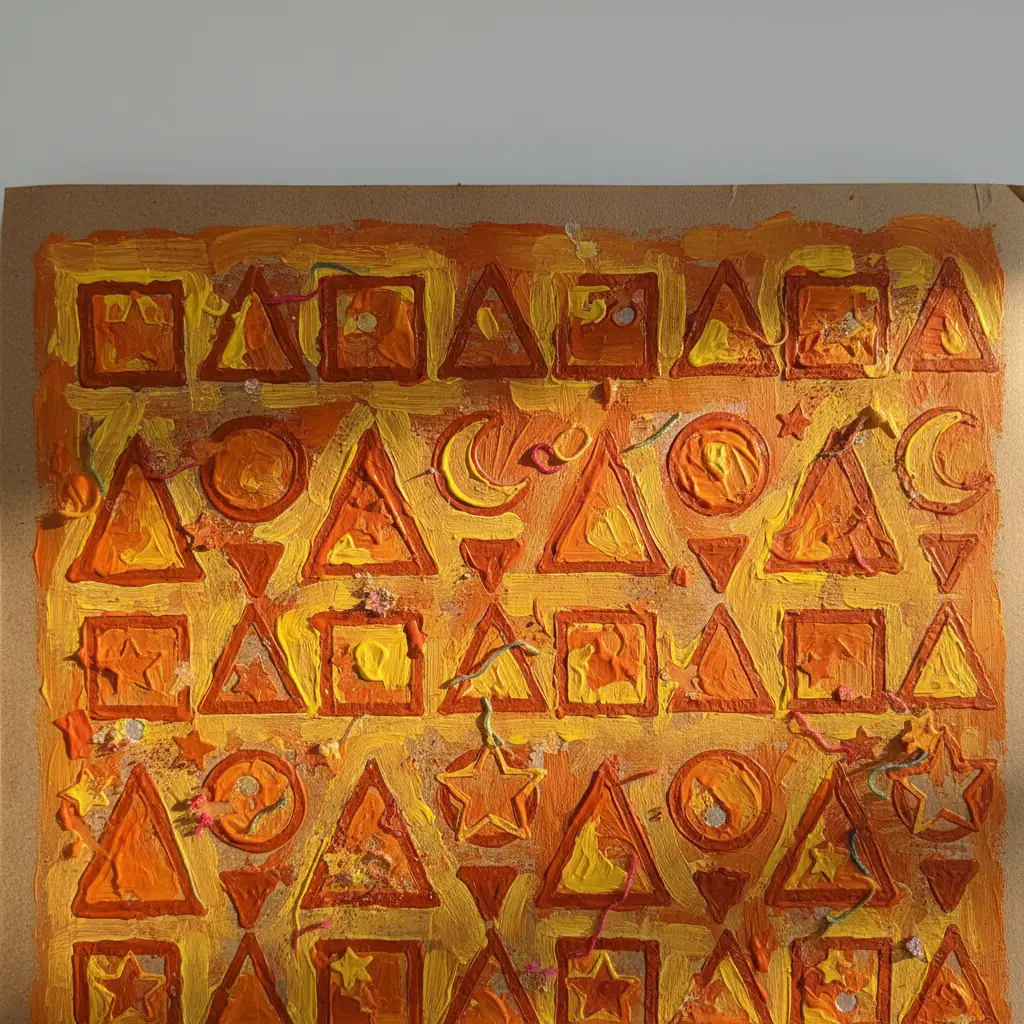 A sheet of brown craft paper with rows of red and yellow stenciled stars and circles, painted by a child's small hand.