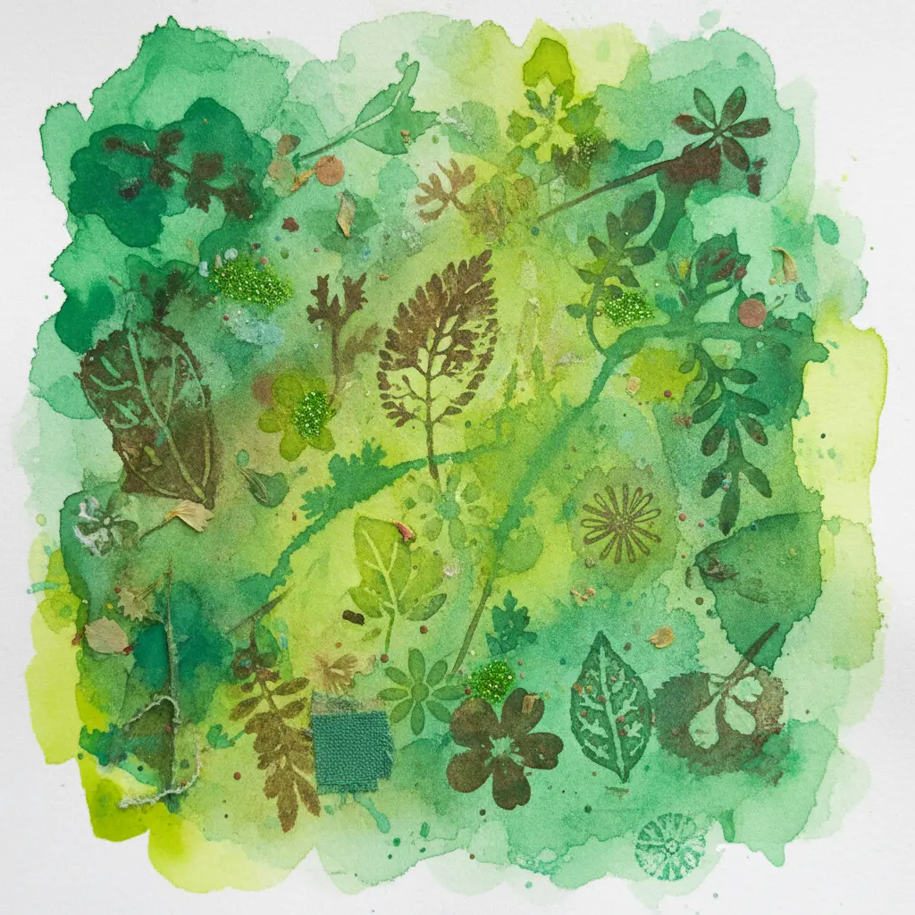 A child pressing a paint-covered maple leaf onto paper, creating a green and gold imprint with visible vein details.