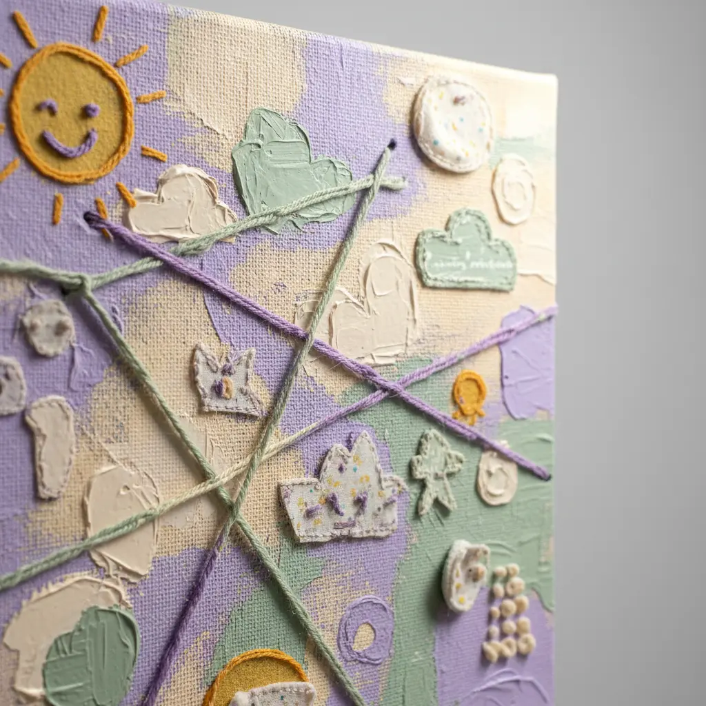 A colorful patchwork of felt and cotton fabric pieces on a small canvas, with pink yarn threaded through holes for added texture.