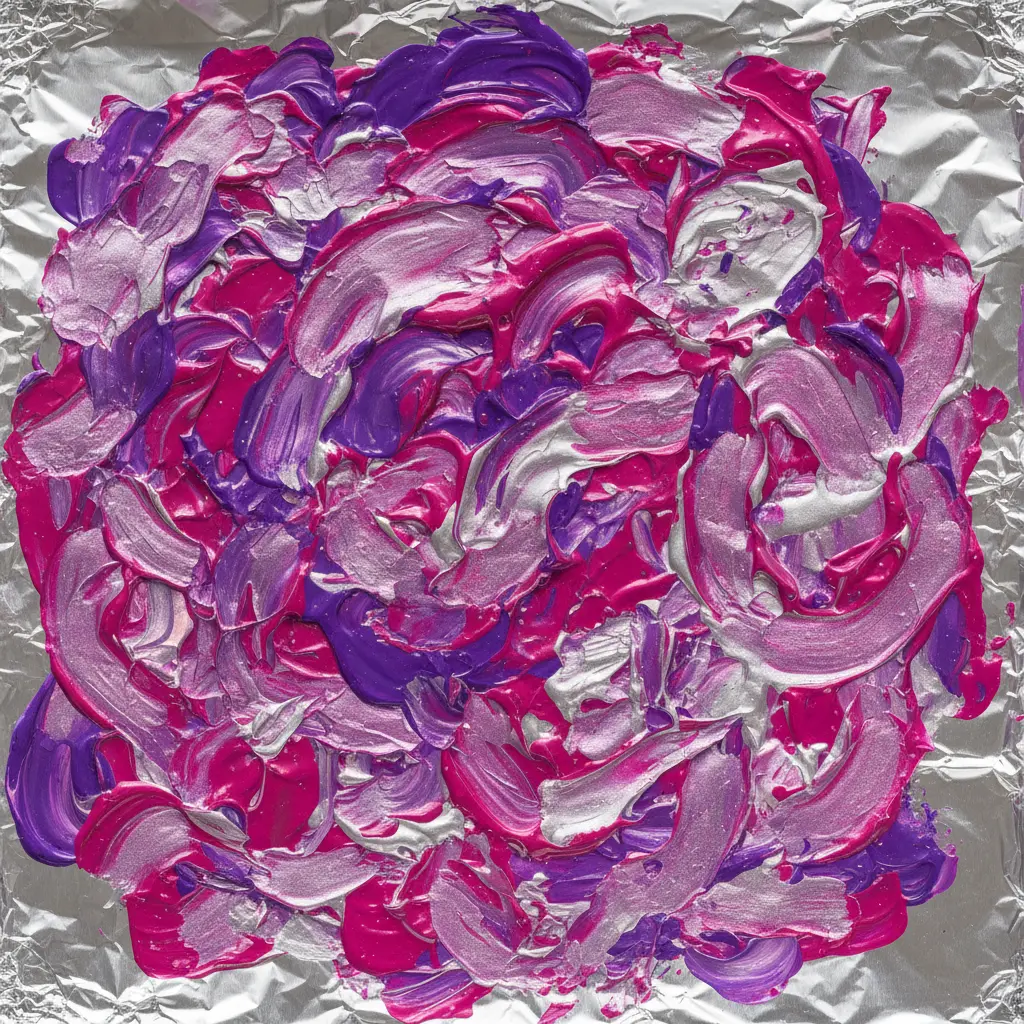A piece of crinkled aluminum foil with bright blue and purple finger-paint marks, reflecting light on a tabletop.