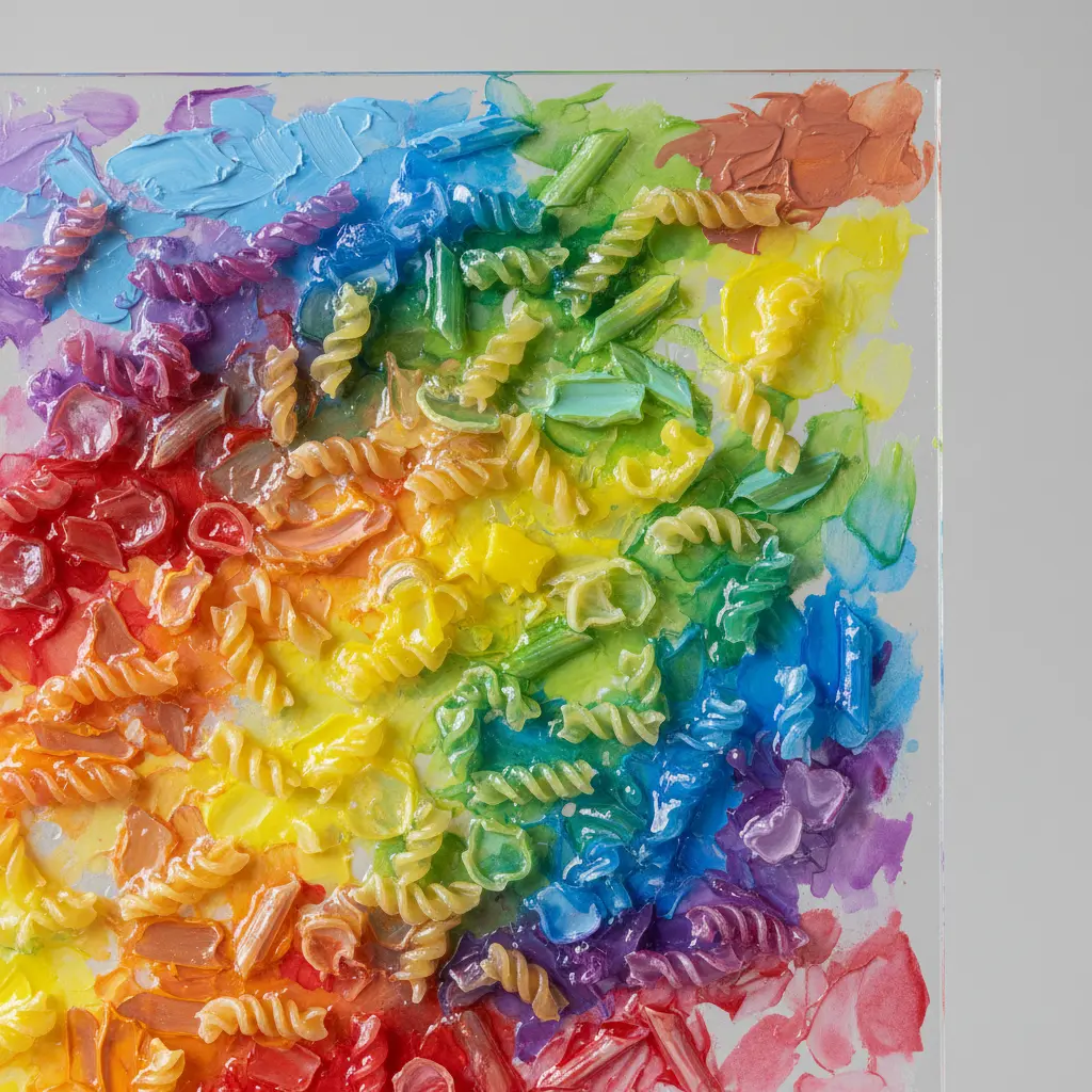 A clear acrylic photo frame decorated with rainbow-painted rigatoni and farfalle pasta, with a child's photo visible behind.