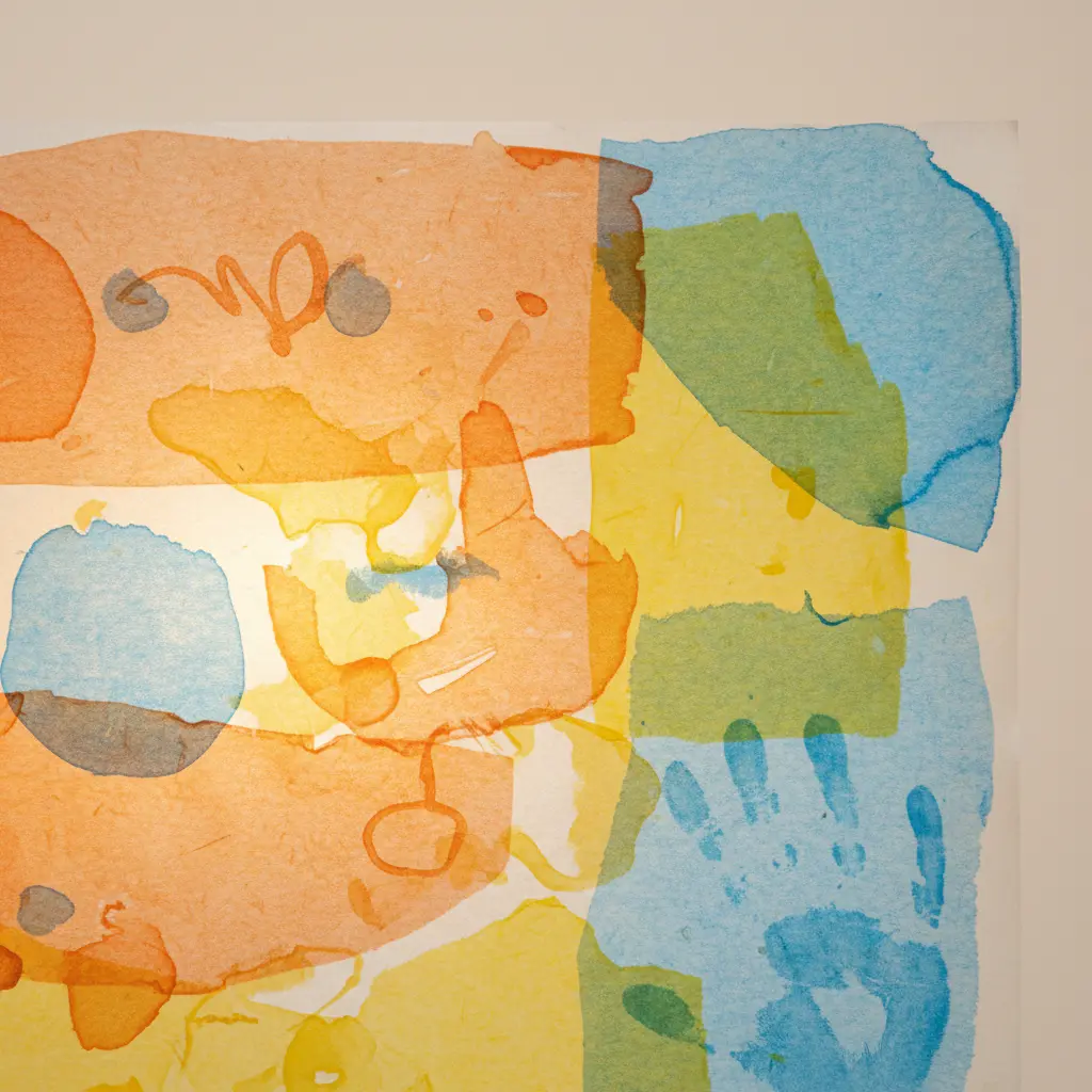 A window with overlapping pink, yellow, and blue tissue paper squares on wax paper, glowing in the afternoon sun.