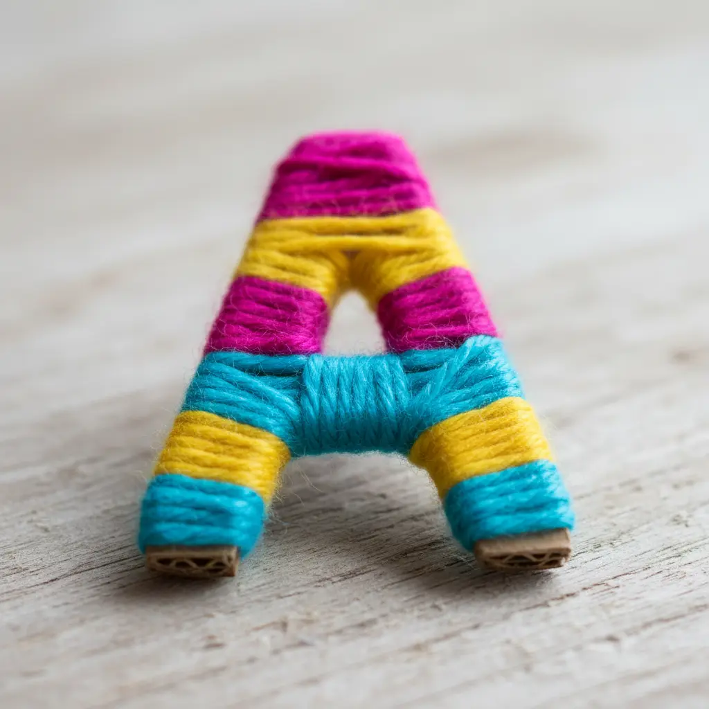 Close-up of a child's hands wrapping pink and blue yarn tightly around a cardboard letter B on a white tabletop.