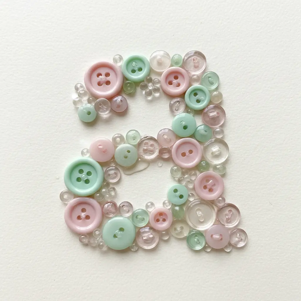 A white shadow box frame showing a lowercase letter e constructed from dozens of assorted pastel and clear buttons glued onto thick cardstock.