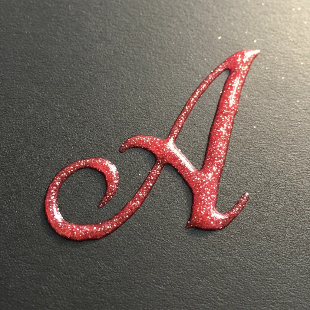 A bright pink glitter glue line tracing a cursive letter J on matte black cardstock, catching light and showing a raised, textured finish.