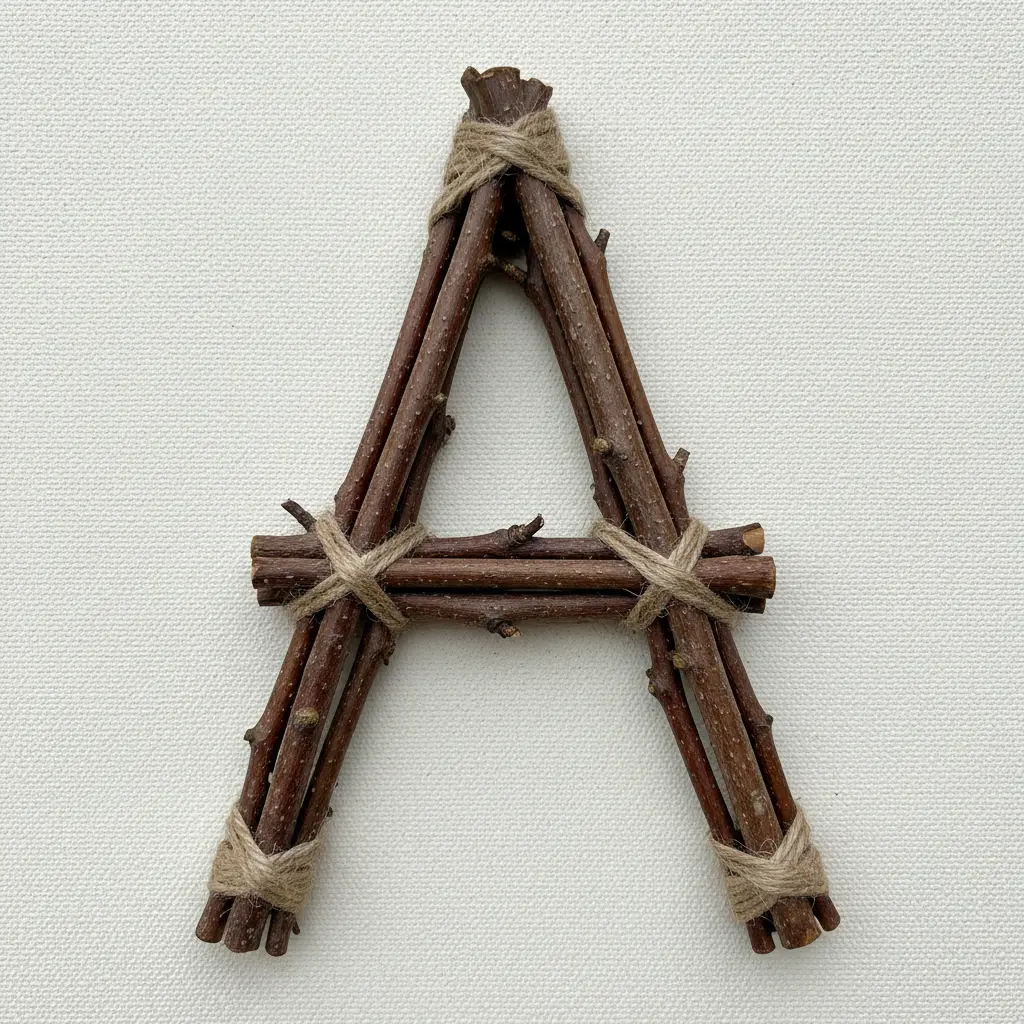 A child's hands placing thin brown twigs side by side on a stretched canvas board to build the letter H, with a small pile of collected leaves nearby.