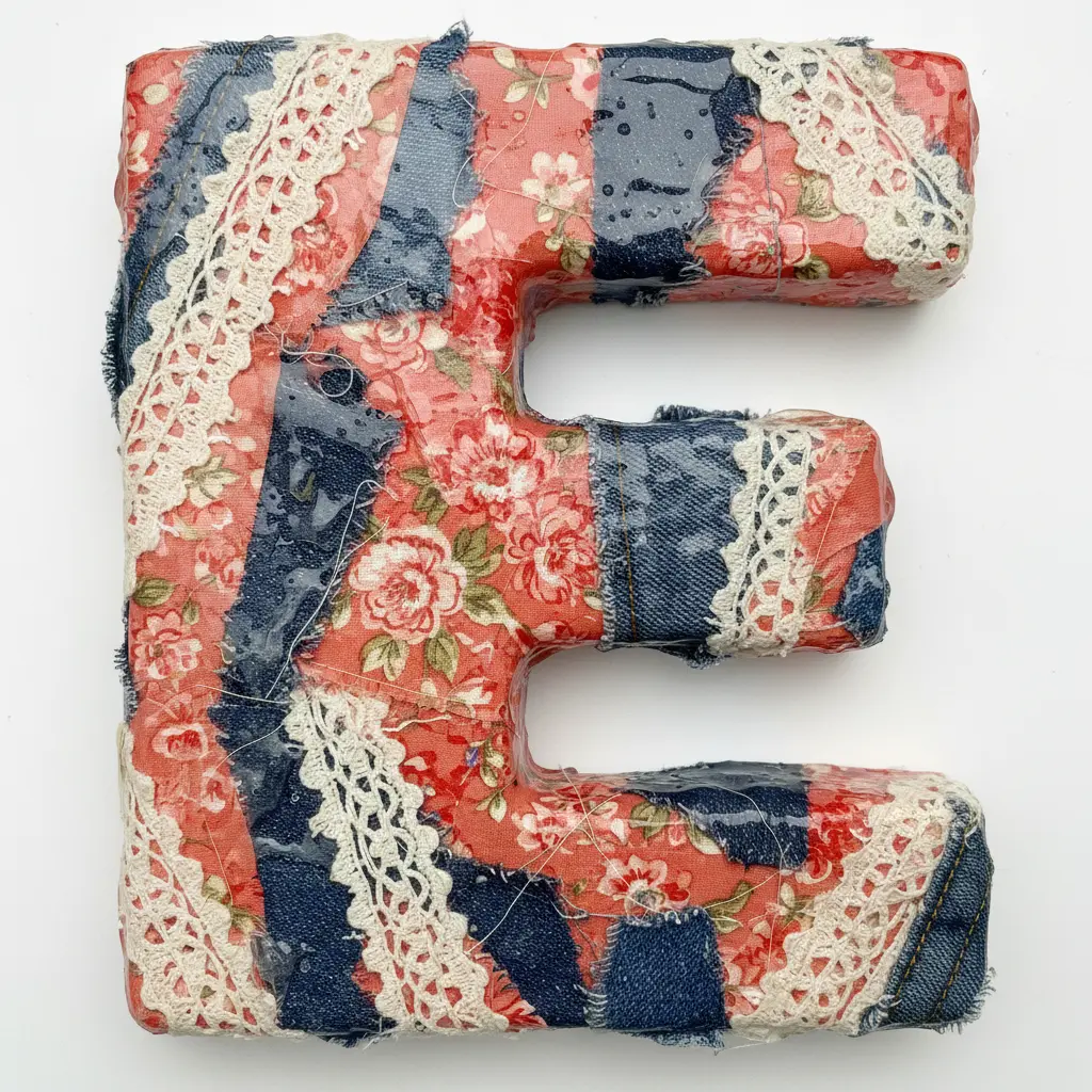A wooden plaque with an uppercase letter C collaged with small pieces of floral cotton, denim, and lace ribbons, sealed with a layer of decoupage glue.