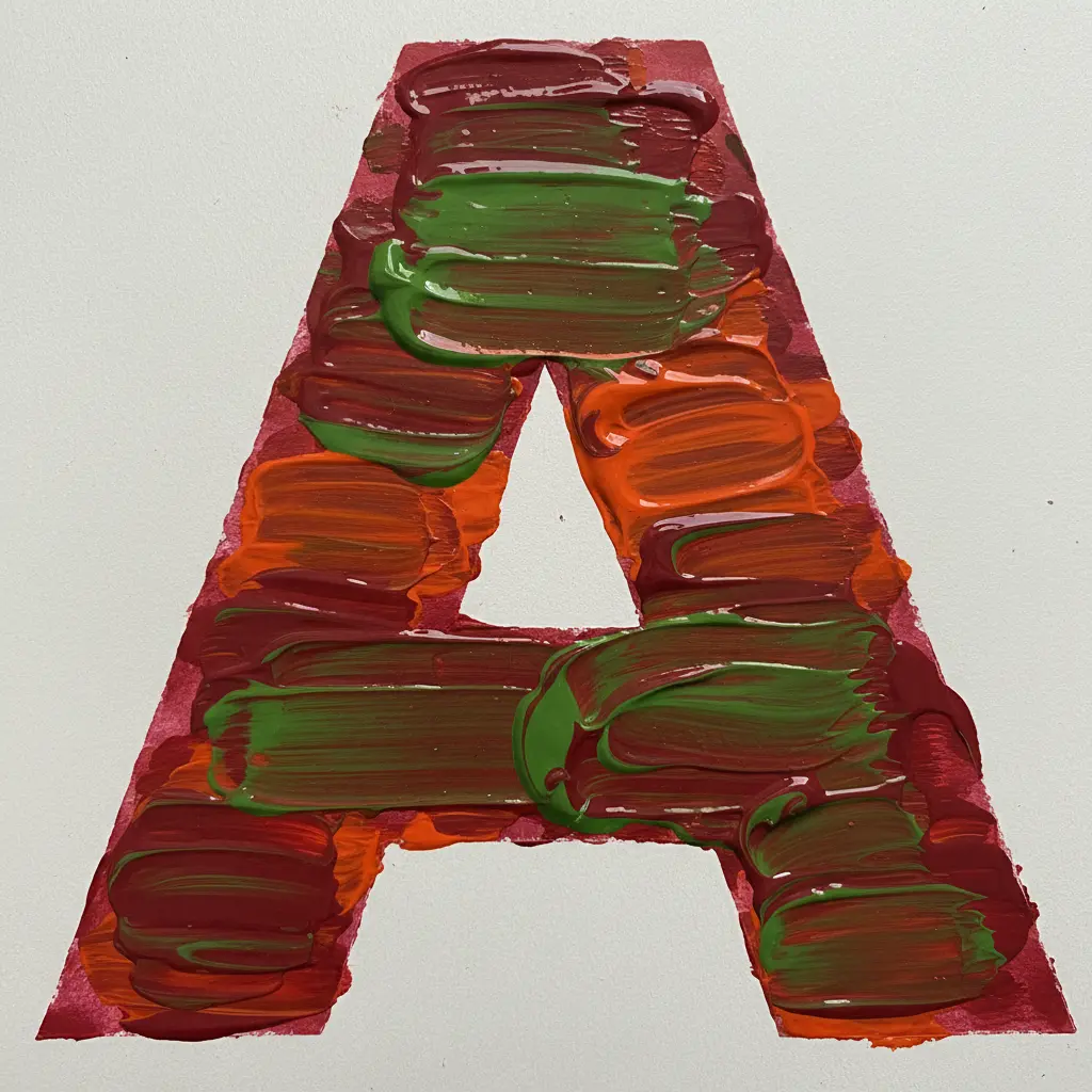 A large uppercase letter A covered in horizontal streaks of red, orange, yellow, green, blue, and purple finger paint on cream paper.