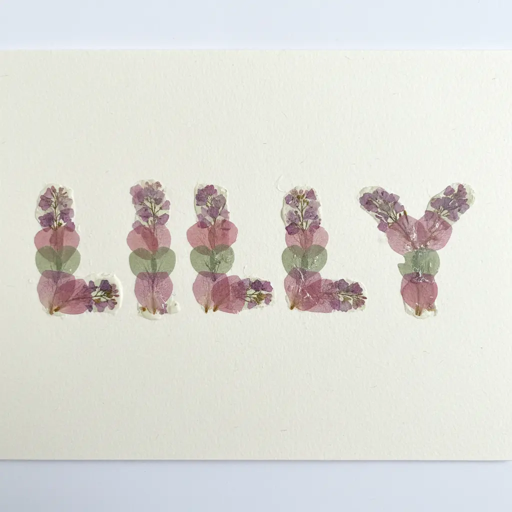 A child's name spelled out with dried pink petals and small purple flowers pressed onto white cardstock, with a few green leaves scattered between the letters.