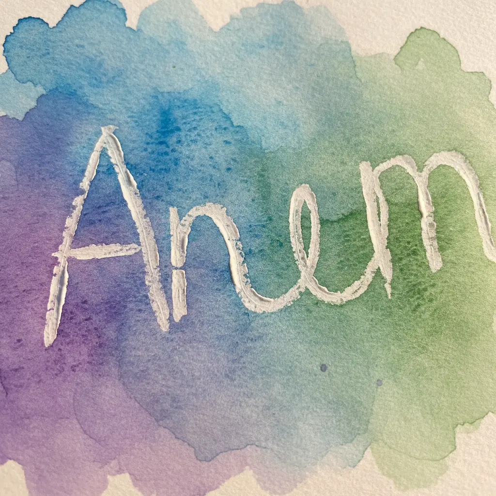 A child's name appearing in white crayon beneath broad strokes of blue, purple, and green watercolor on textured watercolor paper.