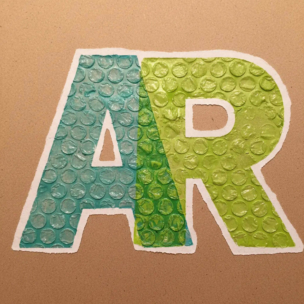 Two overlapping block letters S and A stamped with bright teal and lime green paint using a bubble wrap stamp on brown recycled kraft paper.