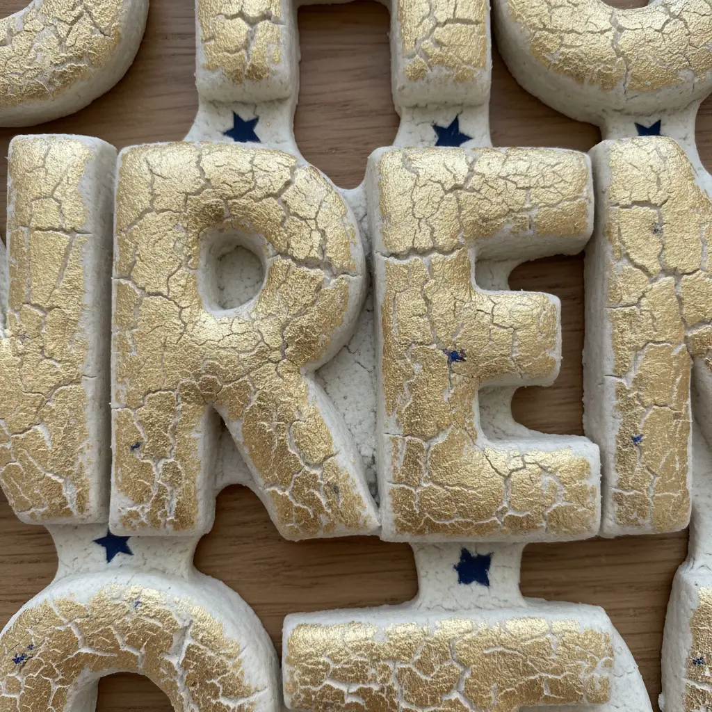 Five sculpted salt dough letters spelling a child's name painted gold and arranged on a wooden shelf, with a small painted star beside the final letter.