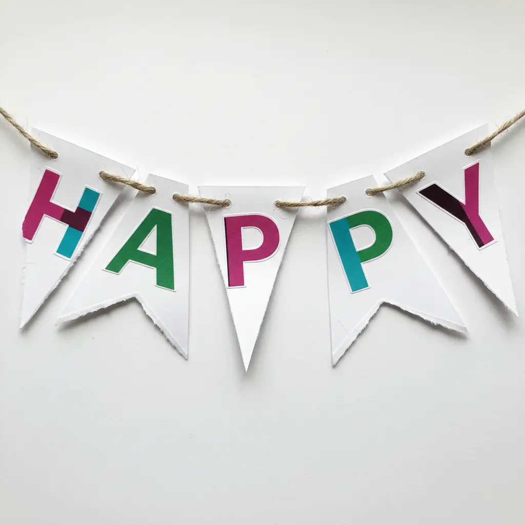 A colorful bunting banner hanging on twine with five triangular flags, each sporting a different letter of a child's name cut from glossy magazine pages.