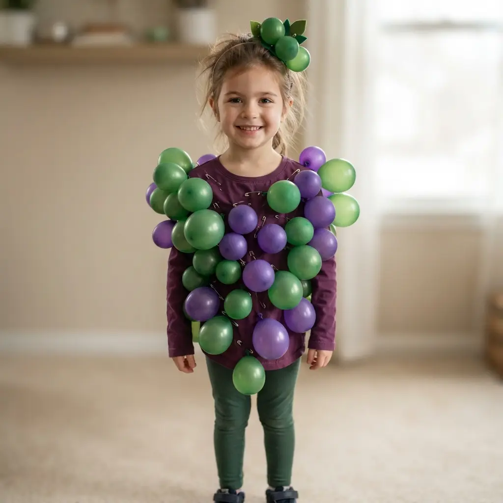 A child dressed as a bunch of grapes with purple and green balloons safety-pinned to a purple shirt and green leggings.