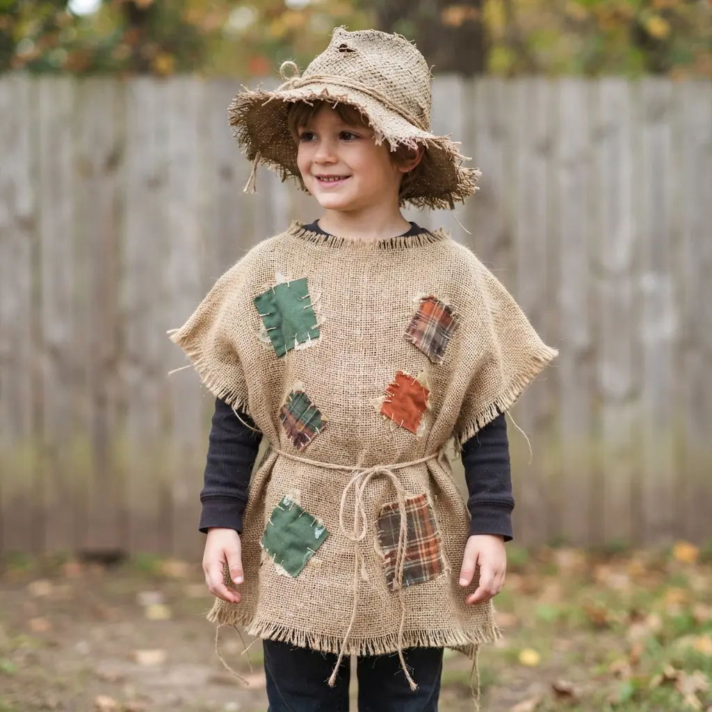 A scarecrow costume made from a burlap sack tunic with colorful fabric patches glued on and a floppy hat.