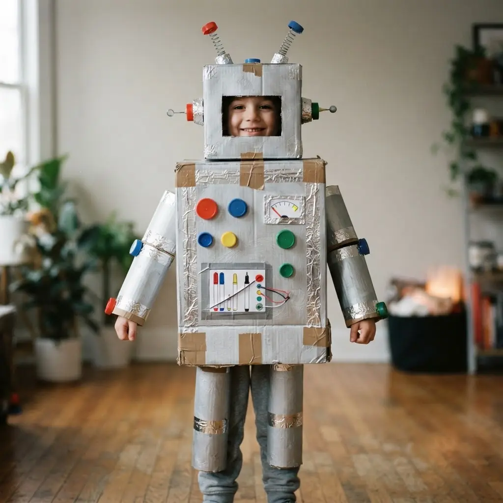 A child wearing a silver-painted cardboard box robot costume with dials made from bottle caps and foil duct tape.