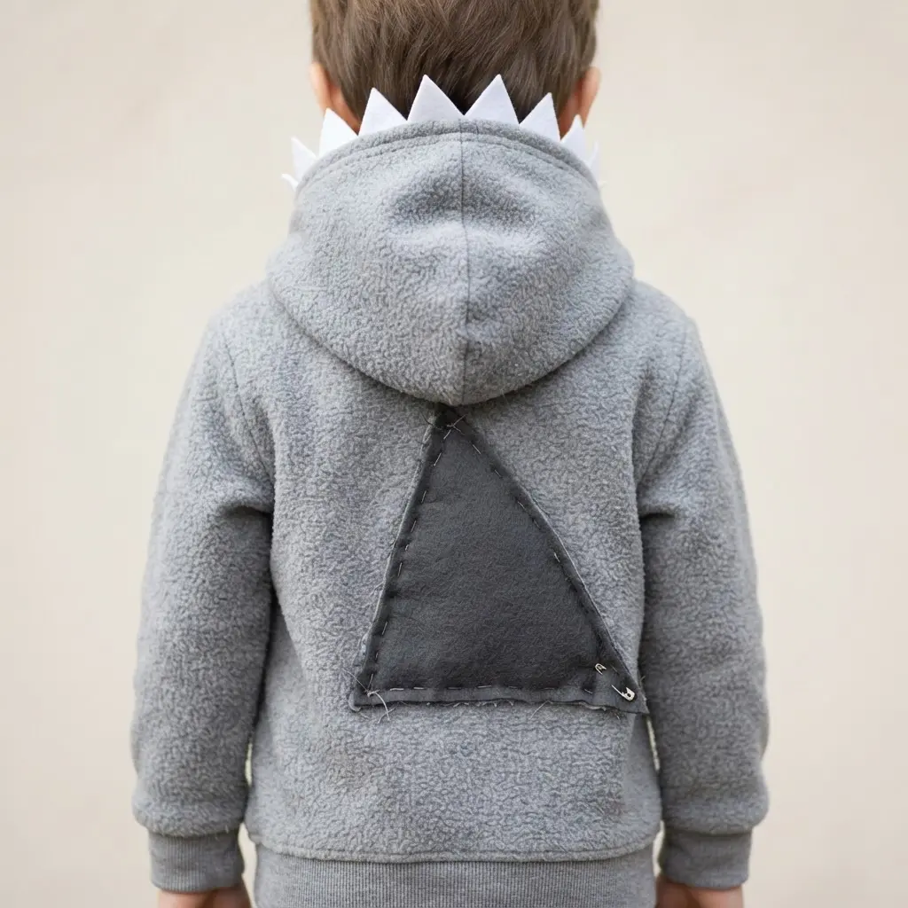 A simple shark costume made from a grey hoodie with a stiff grey felt fin glued and pinned to the back.
