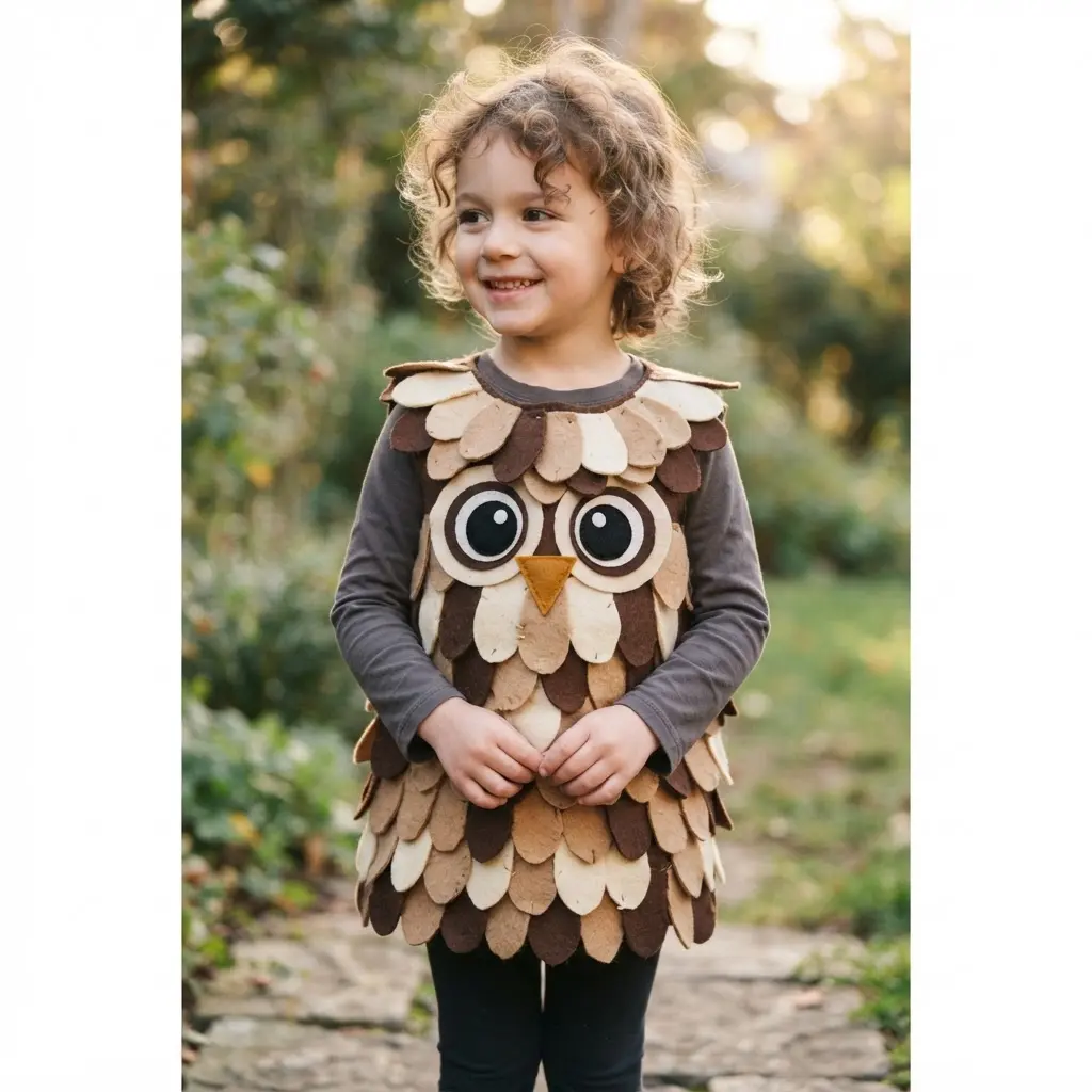 An owl costume created by layering brown and tan felt feather shapes onto a tunic, with large circular felt eyes.