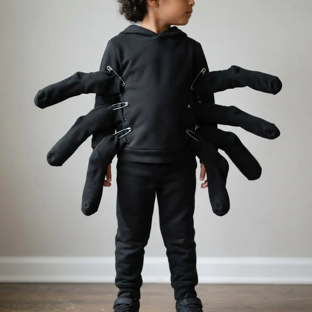 A spider costume made by attaching stuffed black socks to a black sweatsuit with safety pins to create eight legs.