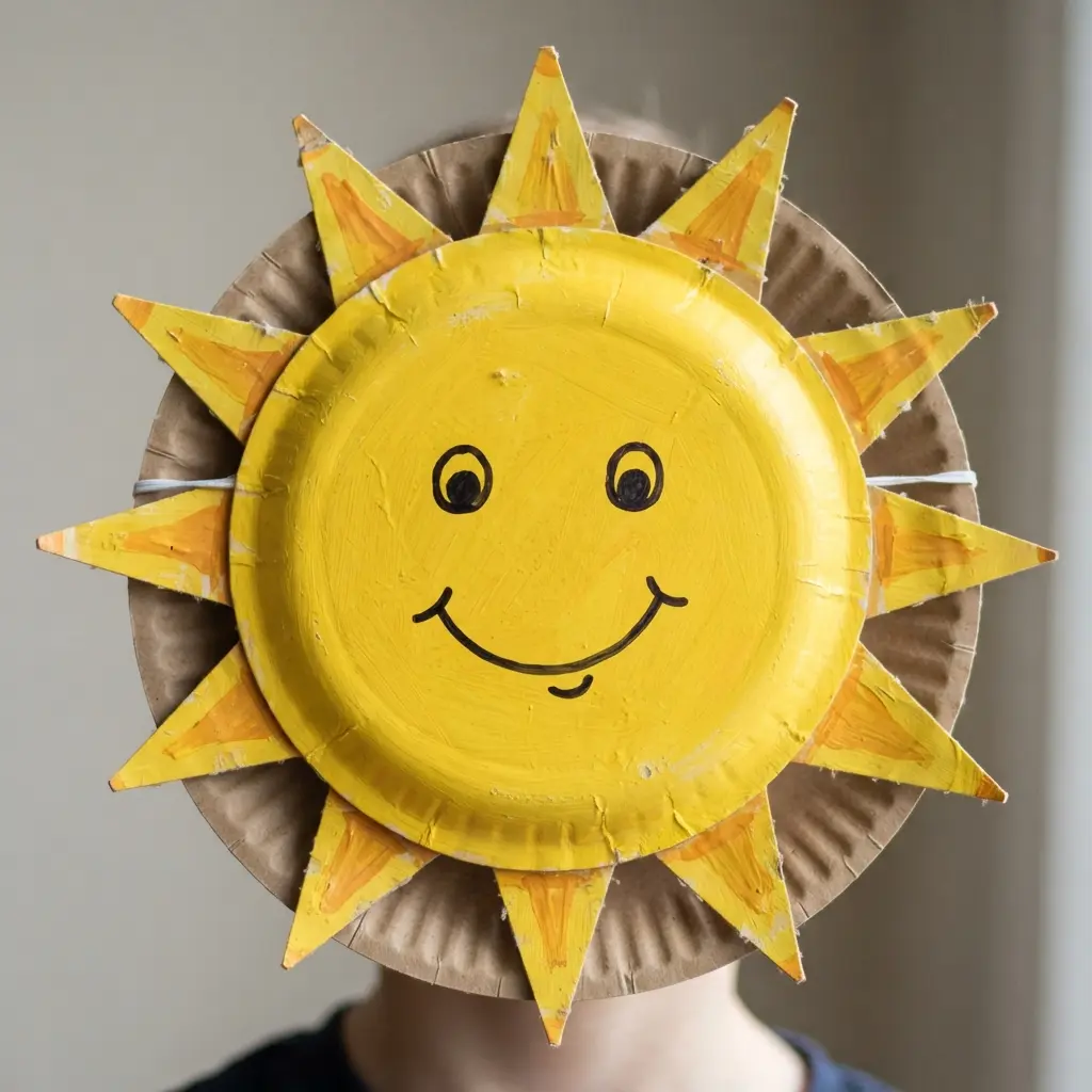 A cheerful sun mask crafted from yellow paper plates, with cut-out triangle rays and a smiling face.