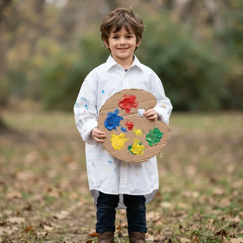 An artist costume featuring a simple smock over clothes and a large cardboard paint palette with blobs of color.