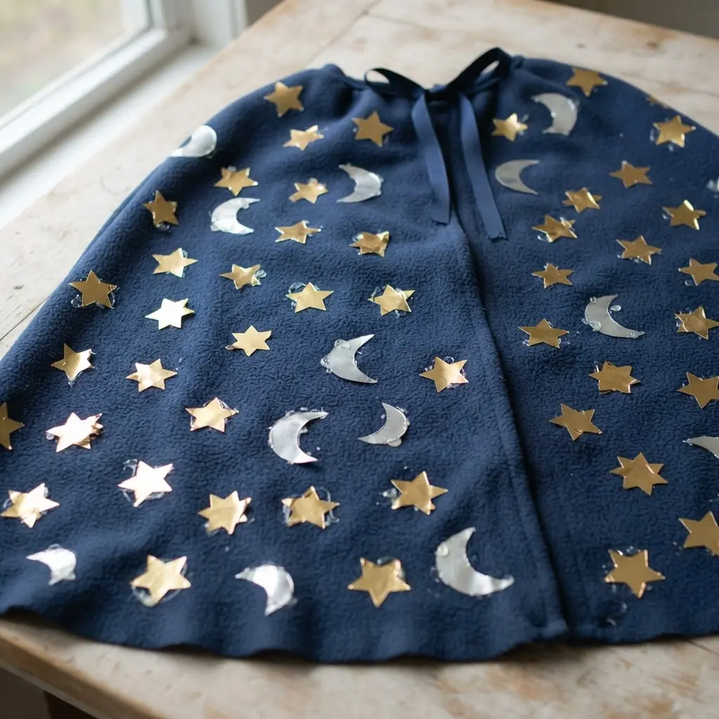 A midnight blue fabric cape with gold foil star and crescent moon shapes glued on for a celestial effect.
