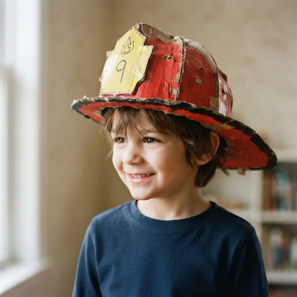 A firefighter costume centered on a red painted cardboard helmet and a matching cardboard axe toy.