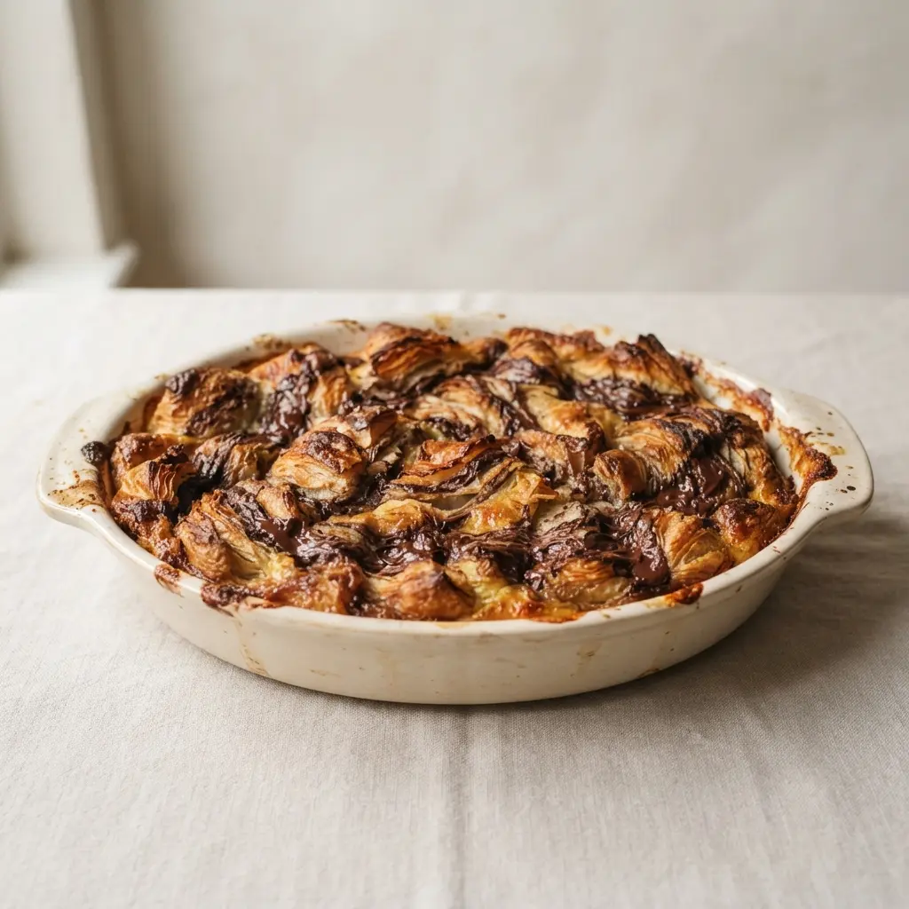 A baked bread pudding in a ceramic dish with a golden crust and visible layers of croissant and chocolate hazelnut spread.