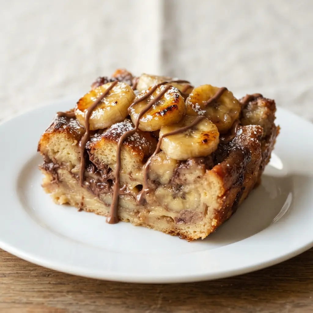A slice of bread pudding on a plate with soft caramelized banana slices and a glossy chocolate hazelnut sauce.