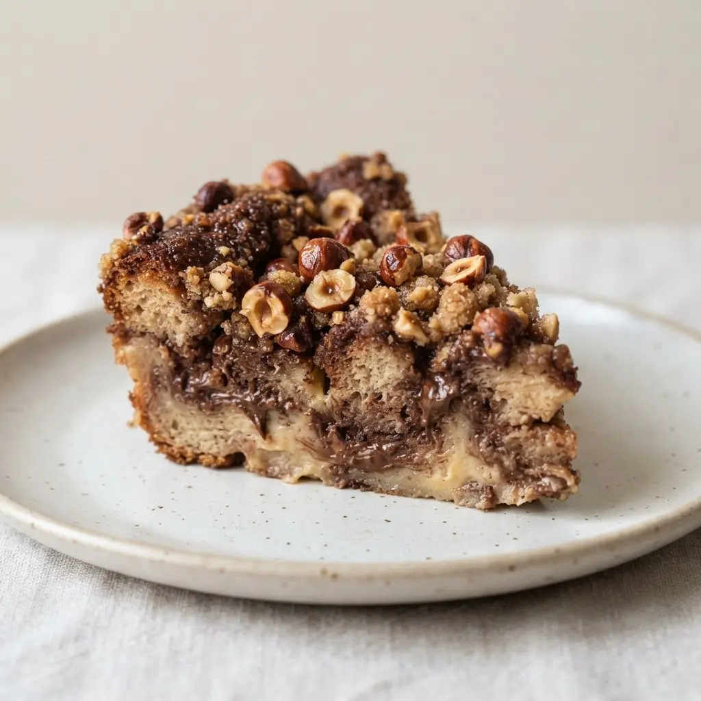 A close-up view of a bread pudding slice showing a soft interior and a textured crust of chopped toasted hazelnuts.