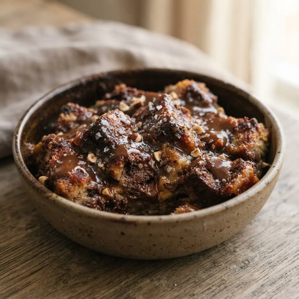 A warm bread pudding served in a bowl, generously coated with a glossy salted caramel and chocolate sauce.