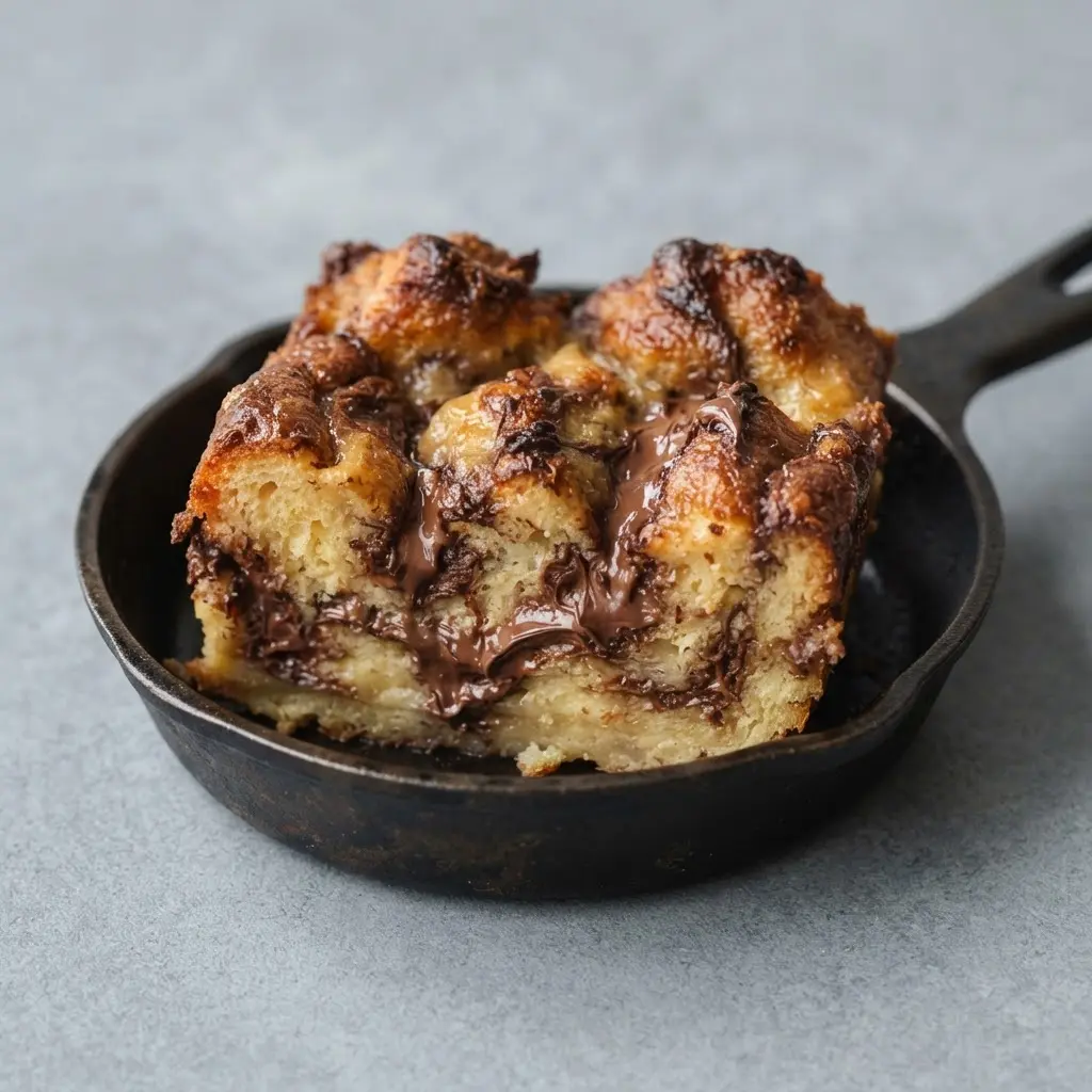 A rustic bread pudding baked in a cast iron skillet, featuring soft brioche with marbled chocolate hazelnut swirls.