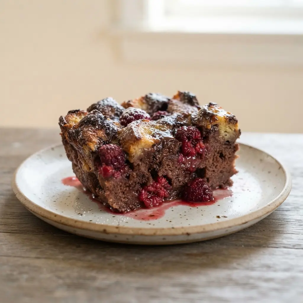 A portion of chocolate bread pudding on a white plate with bright red raspberries baked throughout and on top.