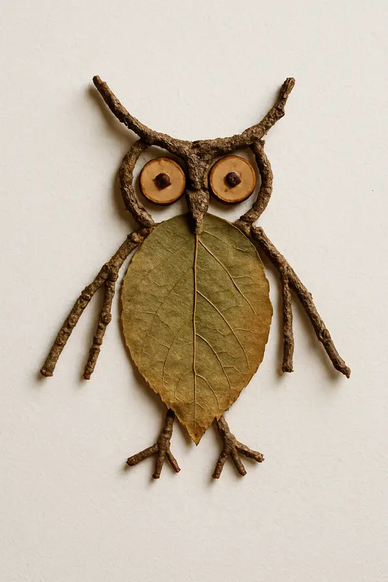 An owl outline formed by gluing small twigs for the body and leaves for the wings on paper.
