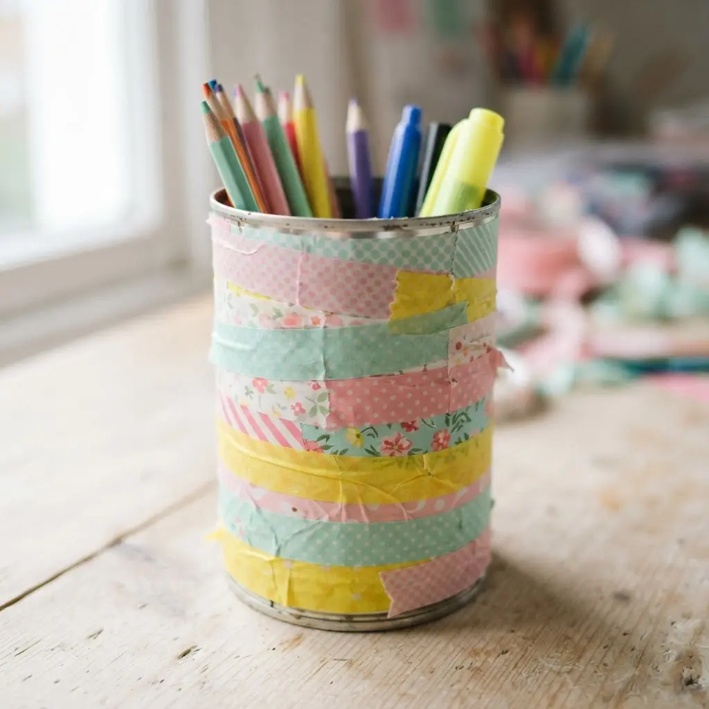 A clean metal locker interior with a bright tin can pencil holder covered in striped and dotted washi tape.