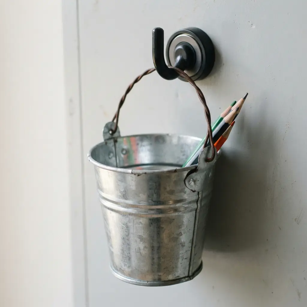 A miniature galvanized metal bucket hanging from a large magnetic hook on a locker door, filled with pens.