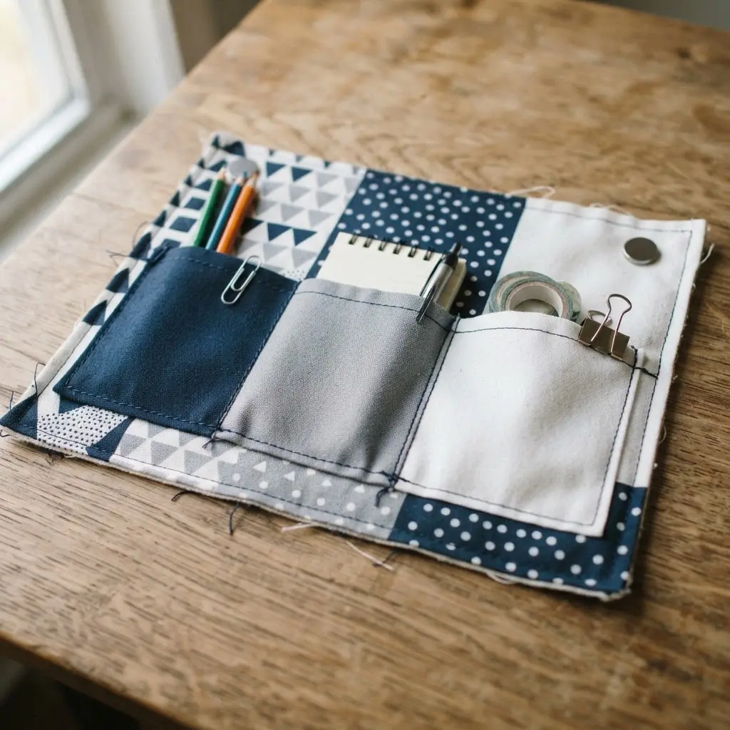 A sturdy fabric panel with several small pockets, secured to a gray locker door with strong magnets.