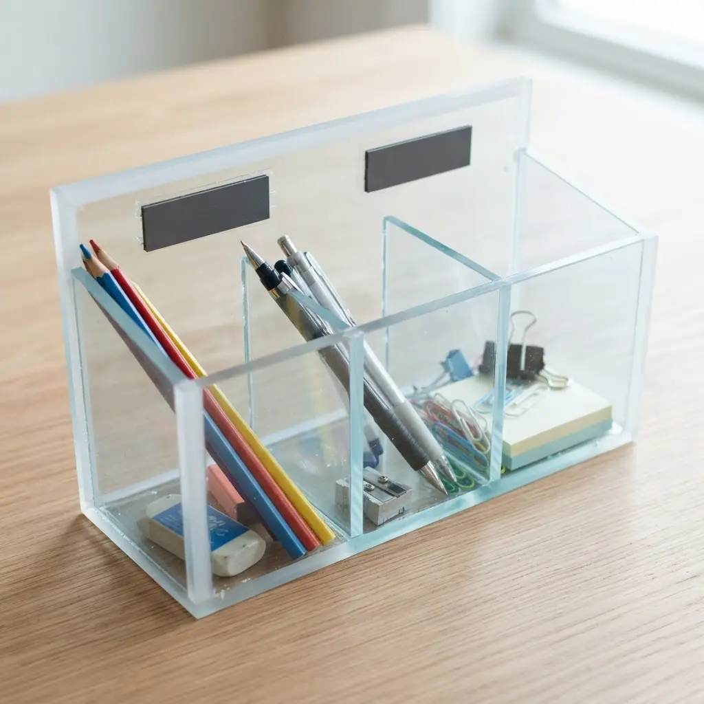 A transparent acrylic organizer with separate sections for pens and pencils, held firmly to a metal locker surface.
