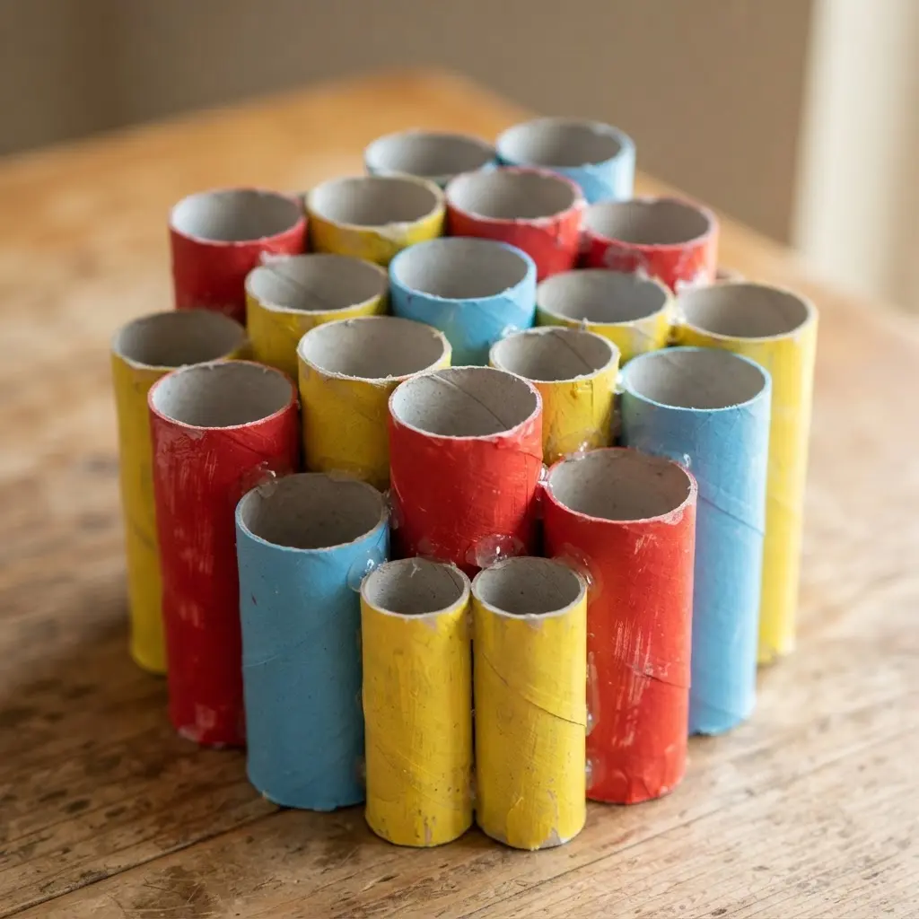 A group of paper towel tubes painted in different colors, glued into a honeycomb shape to hold writing utensils.